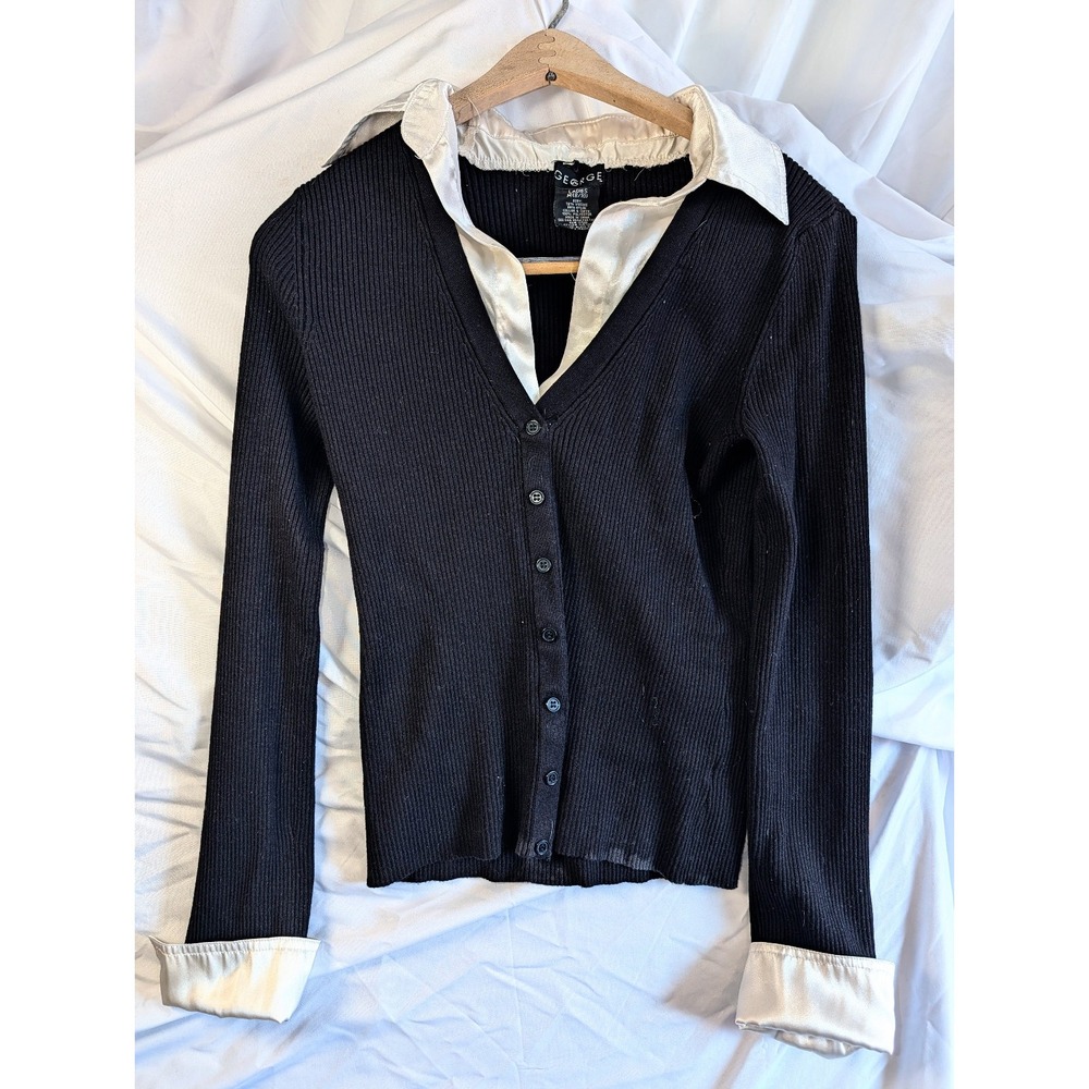 George Womens Faux Layered Cardigan Size M Black White Satin V Neck Collar Wed.